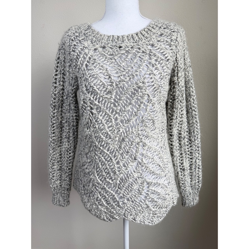 LOFT Womens Wool Alpaca Blend Sweater M Grey White Open Knit Pointelle Pullover